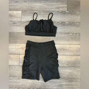 NWT FABONICS Black Ruched Bust Sports Bra & Biker Shorts M